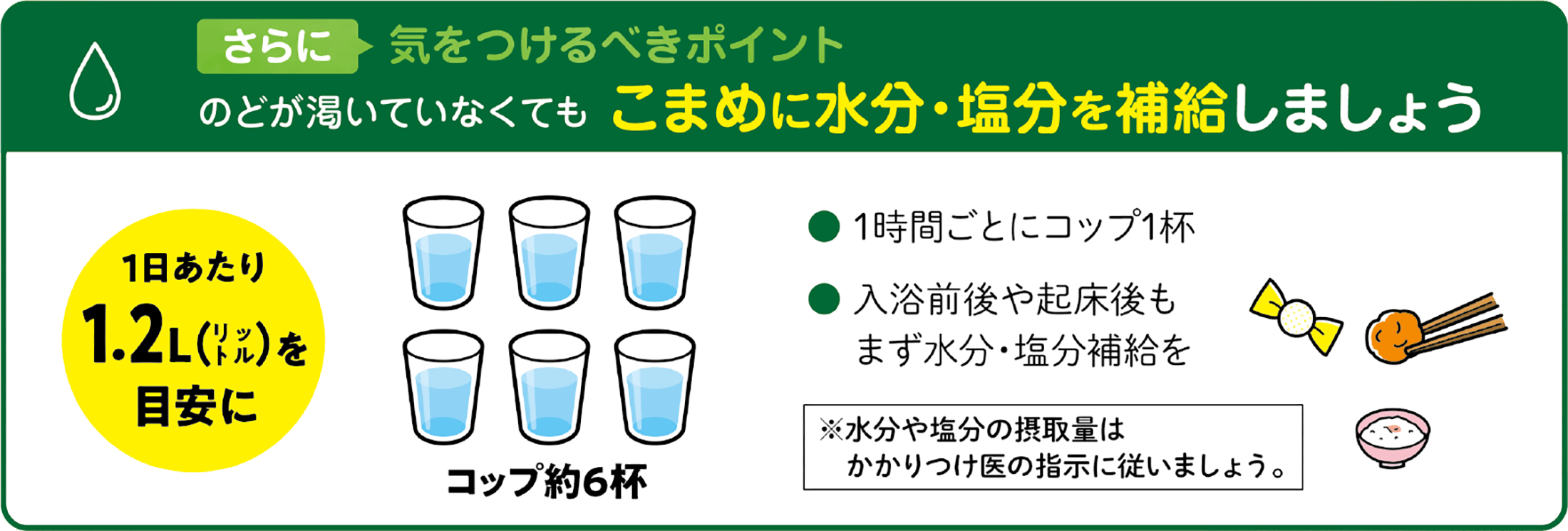 さらに、気をつけるべきポイントのどが渇いていなくてもこまめに水分・塩分を補給しましょう